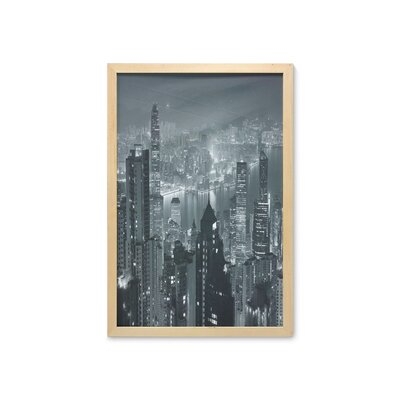 Ambesonne City Wall Art With Frame, Aerial Night Of View Hong Kong Skyline Famous Modern Urban Town Metropolis Panorama Image, Printed Fabric Poster For Bathroom Living Room Dorms, 23" X 35", Grey - Image 0