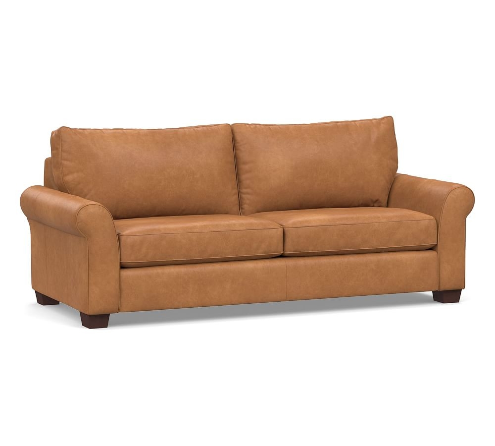 Pb Comfort Roll Arm Leather Grand Sofa 94", Polyester Wrapped Cushions, Churchfield Camel - Image 0