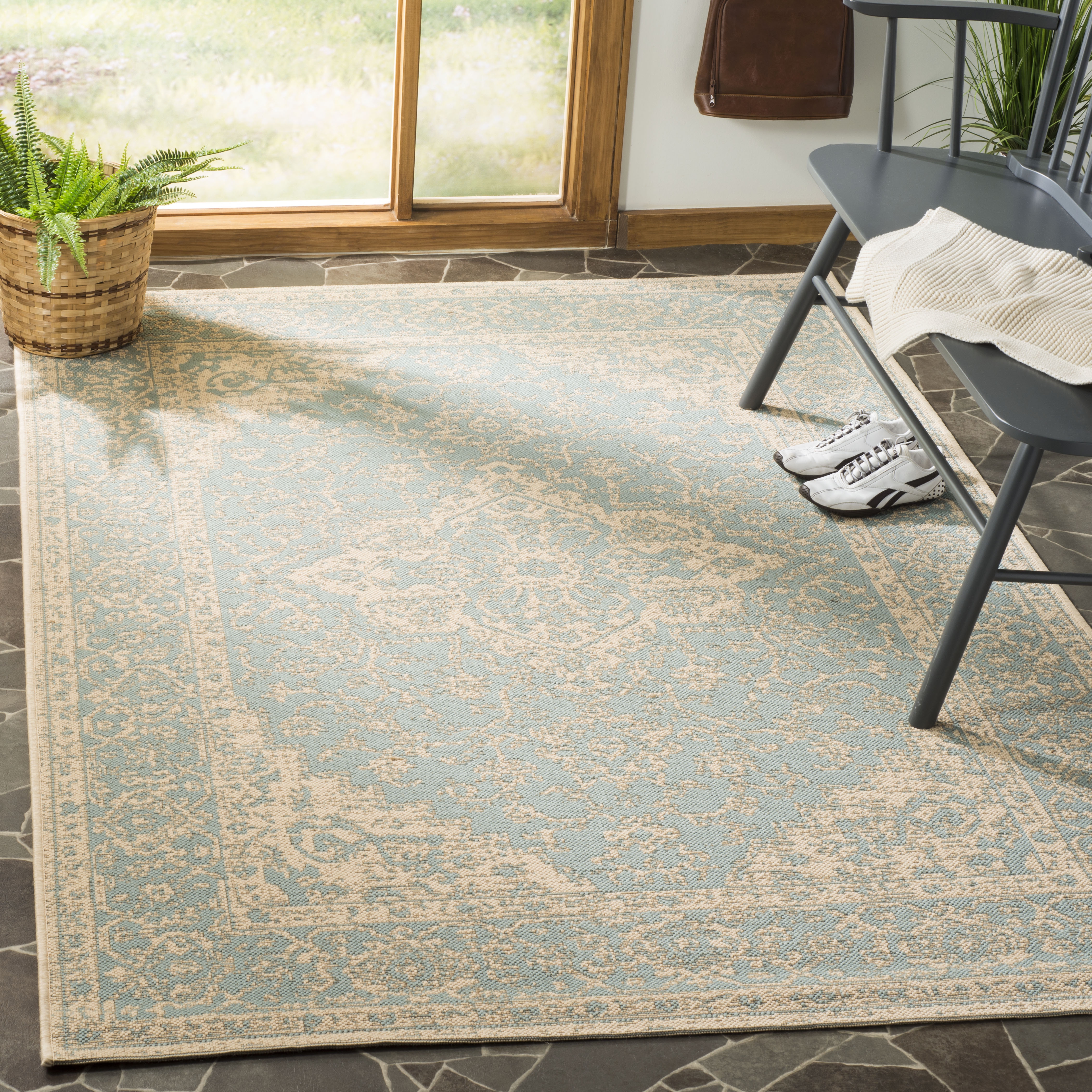 Arlo Home Indoor/Outdoor Woven Area Rug, LND137K, Aqua/Cream,  5' 1" X 7' 6" - Image 1