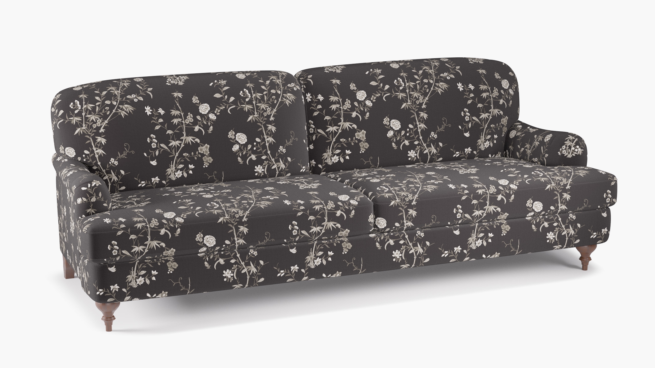 English Roll Arm Sofa, Black Bamboo Garden, Walnut Turned Wood Leg - Image 1