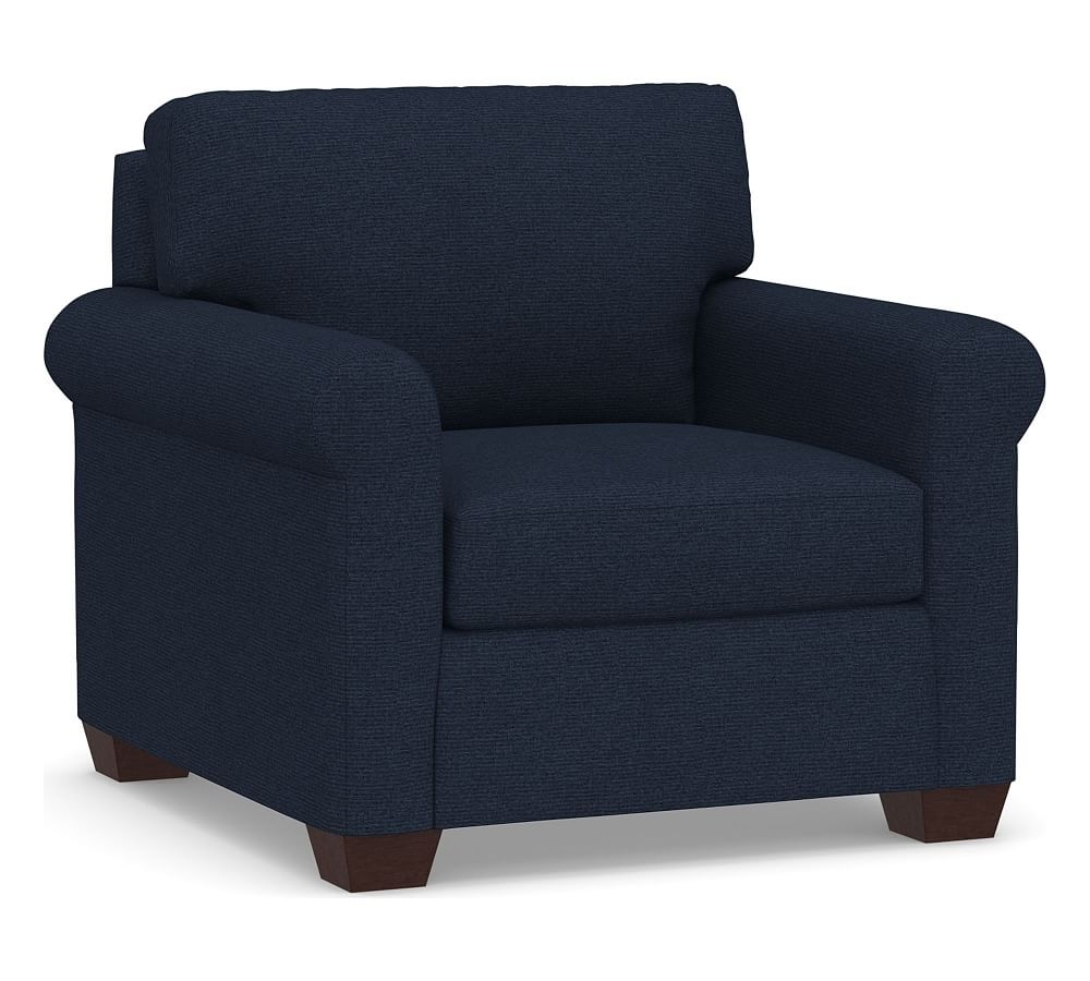 York Roll Arm Upholstered Armchair, Down Blend Wrapped Cushions, Performance Heathered Basketweave Navy - Image 0