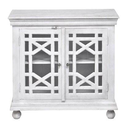 40 Inch Distressed White Solid Wood Glass Trellis Doors Accent Cabinet - Image 0