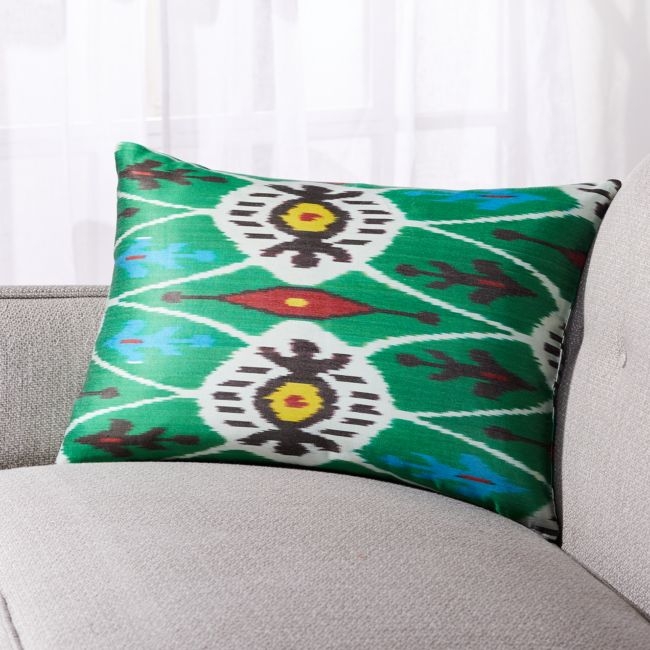 Silk Ikat Pillow Green Multi with Feather-Down Insert 22"x15" - Image 0