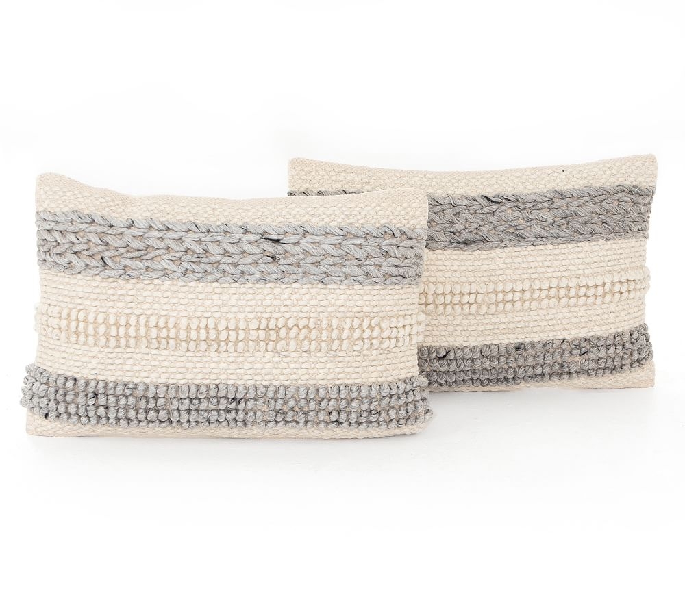 Textured Stripe Pillow, Set of 2, 24" x 16", Cream & Gray - Image 0