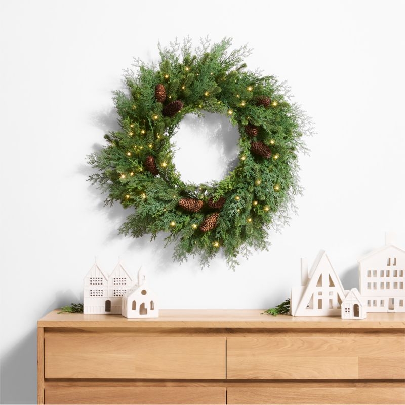 Faux Pinecone and Cedar Pre-Lit Holiday Wreath 28" - Image 1