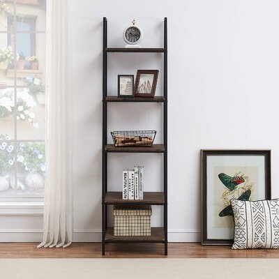 17 Stories 5-shelf Ladder Bookcase, Leaning Bookcases And Book Shelves, Industrial Rustic Bookshelf, Home Office Etagere Bookcase-height: 72"h - Image 0
