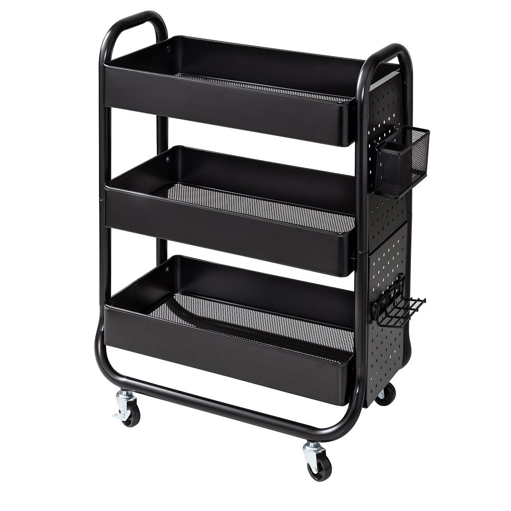 Rolling Craft Cart With Wheels Pegboard Shelf And Metal Basket, Black - Image 2