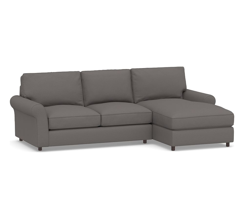 PB Comfort Roll Arm Upholstered Left Arm Loveseat with Chaise Sectional, Box Edge Down Blend Wrapped Cushions, Sunbrella Performance Slub Tweed Charcoal - Image 0