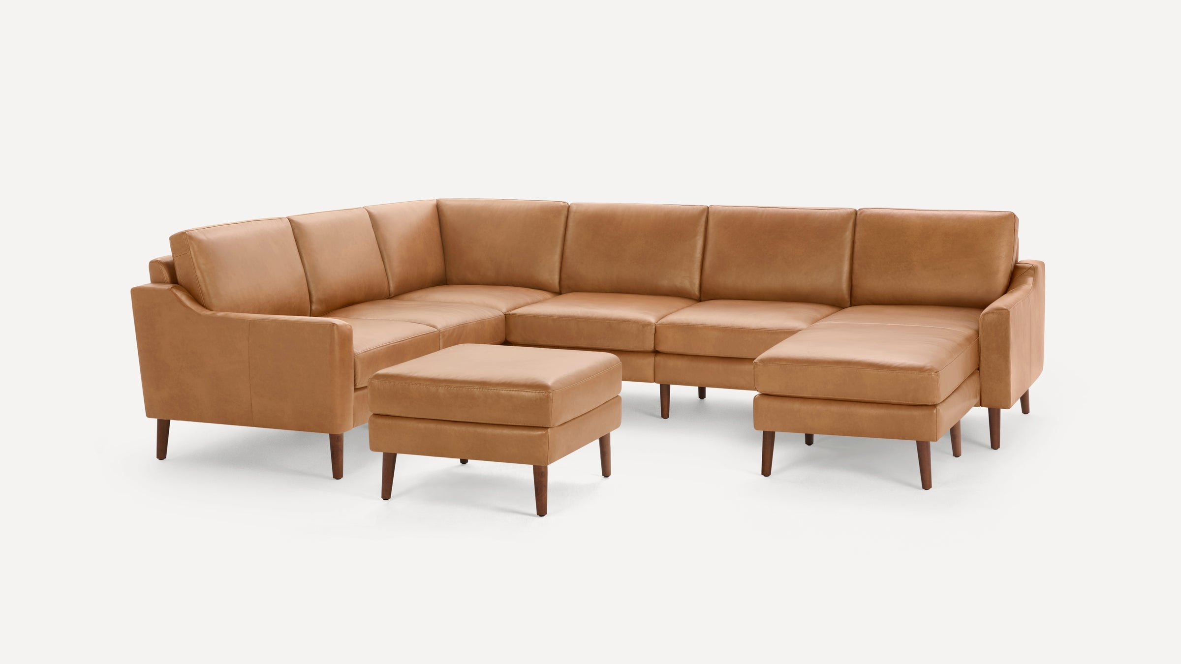 Nomad Leather 6-Seat Corner Sectional with Reversible Chaise and Ottoman - Camel - Top Grain Leather / Walnut - Wood / Slope - Image 0