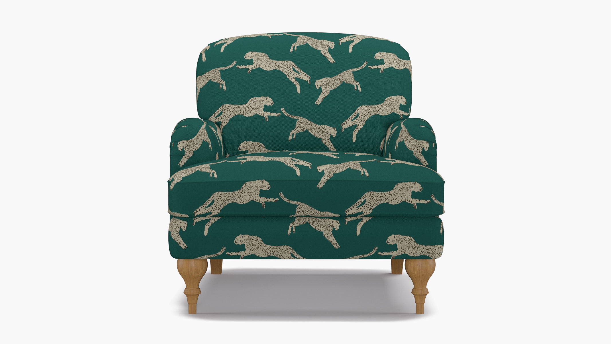 English Roll Arm Chair, Polo Green Cheetah, Natural Turned Wood Leg - Image 0