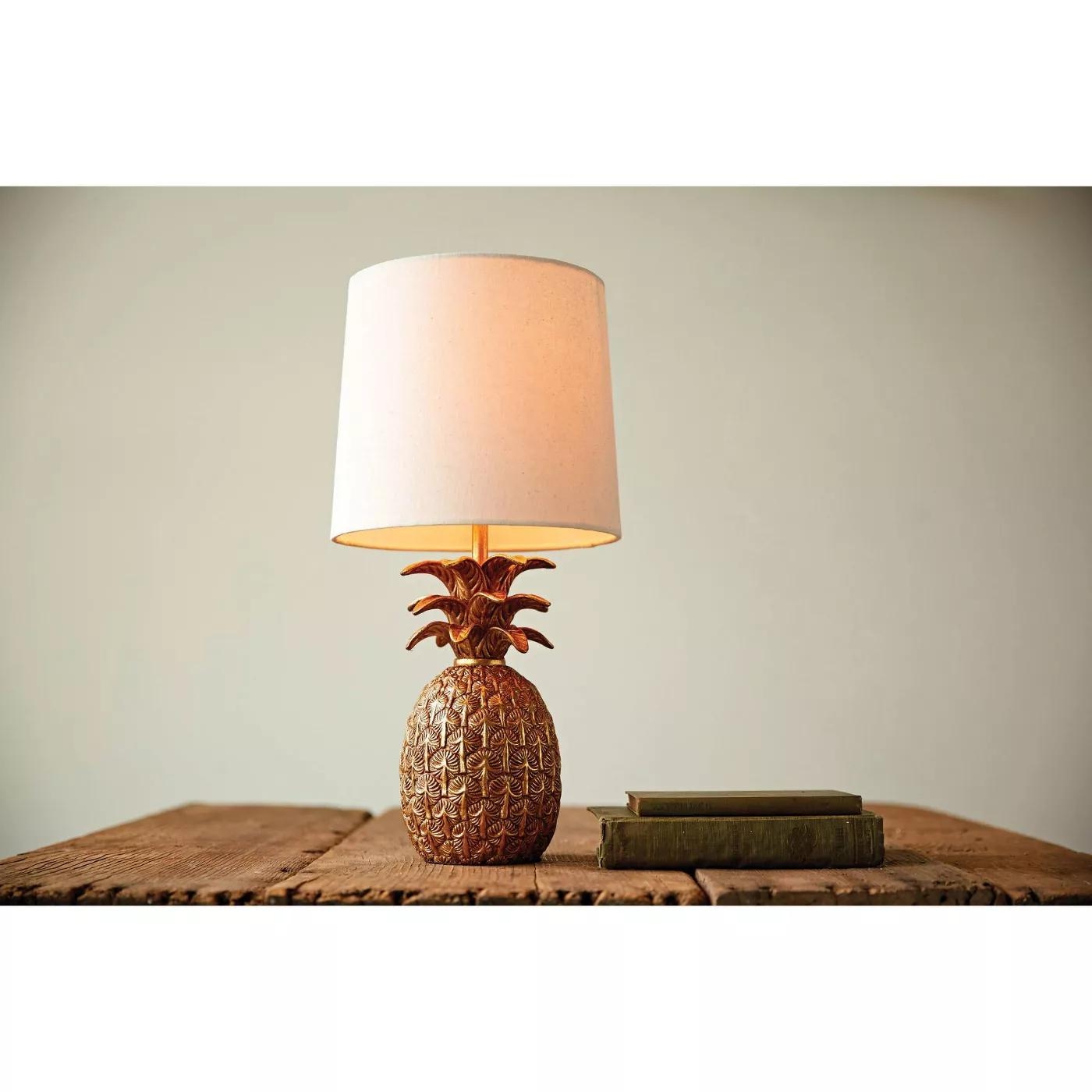 Resin Pineapple Shaped Table Lamp with Distressed Finish & Linen Shade - Image 1