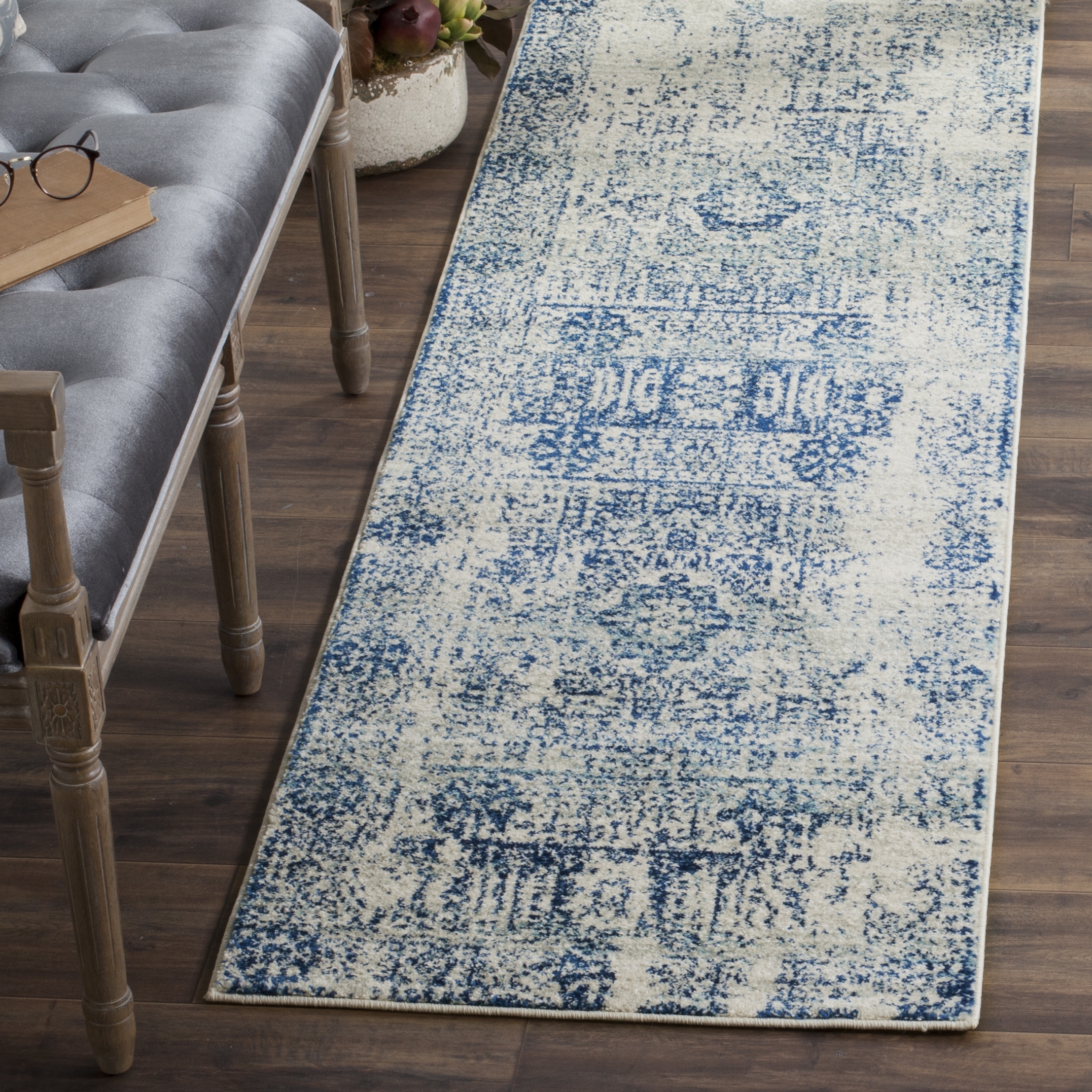 Arlo Home Woven Area Rug, EVK260C, Ivory/Blue,  2' 2" X 17' - Image 1