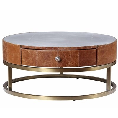 Drum Shape Patchwork Aluminum Metal Top Cocoa Top Grain Leather Apron Coffee Table With Soft Closing Drawer - Image 0