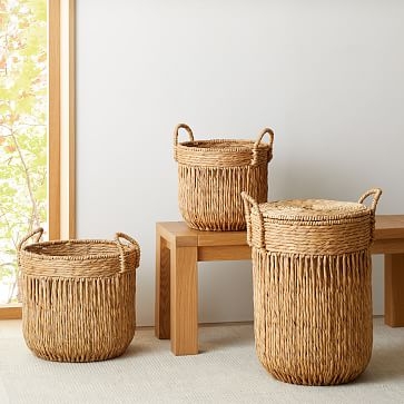 Vertical Lines Baskets, Large Round, Natural - Image 2