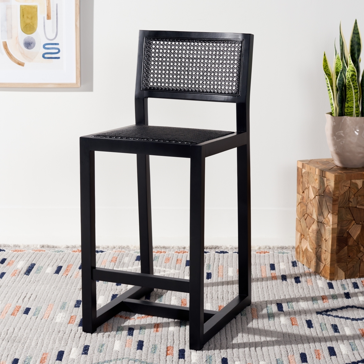 Seika Rattan Counter Stool - Black - Safavieh - Image 1