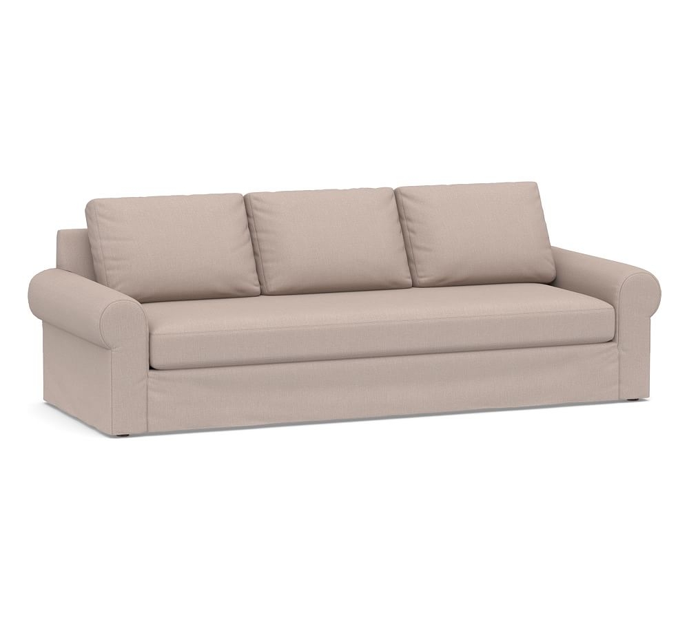Big Sur Roll Arm Slipcovered Grand Sofa 106" with Bench Cushion, Down Blend Wrapped Cushions, Performance Heathered Tweed Desert - Image 0