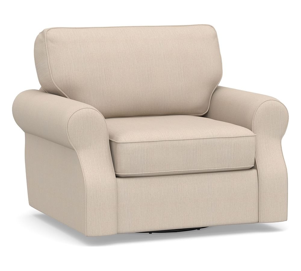 SoMa Fremont Roll Arm Upholstered Swivel Armchair, Polyester Wrapped Cushions, Sunbrella Performance Sahara Weave Oatmeal - Image 0