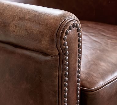 Irving Roll Arm Leather Armchair, Bronze Nailheads, Polyester Wrapped Cushions Churchfield Camel - Image 2