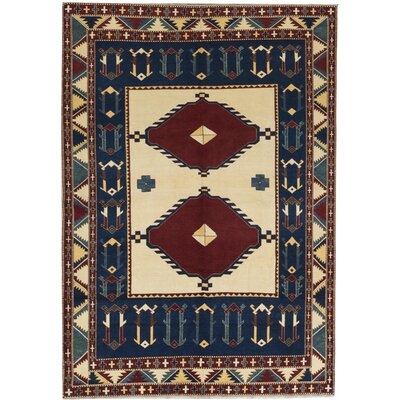 Pakistan Oriental Hand-Knotted Wool Ivory/Navy Area Rug - Image 0