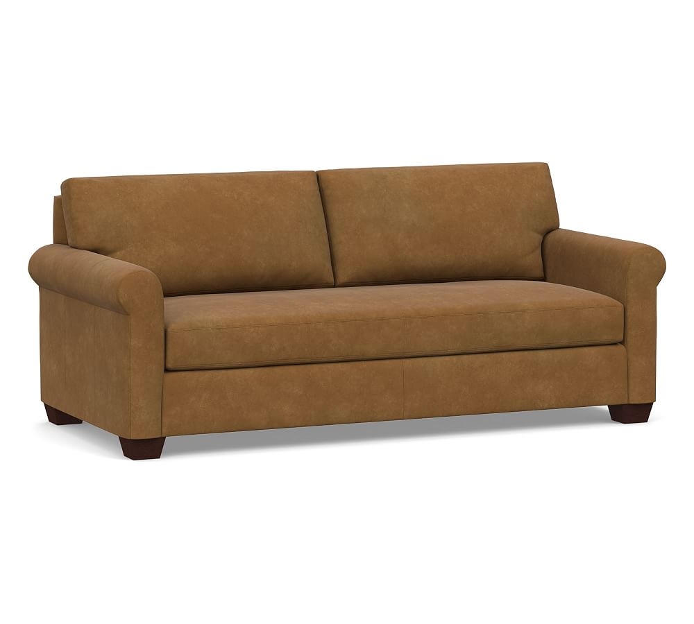 York Roll Arm Leather Sofa 83" with Bench Cushion, Polyester Wrapped Cushions, Nubuck Camel - Image 0