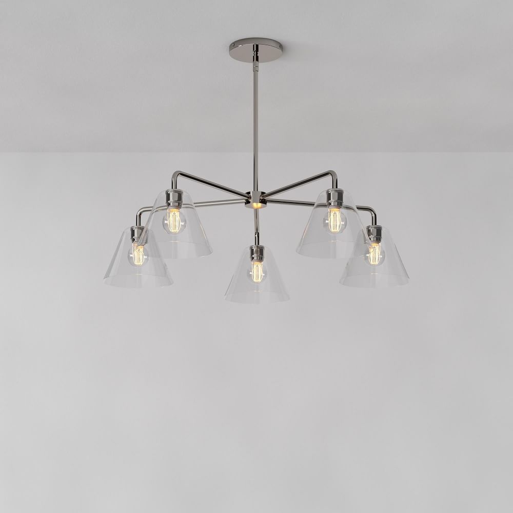 Sculptural 5 Light Chandelier Polished Nickel Clear Glass Cone (35") - Image 0