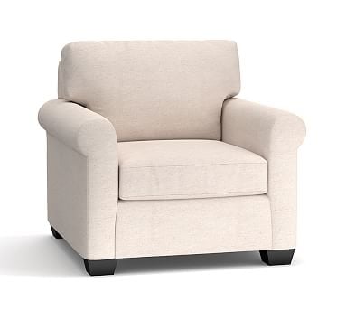 York Roll Arm Upholstered Armchair, Down Blend Wrapped Cushions, Performance Brushed Basketweave Chambray - Image 0