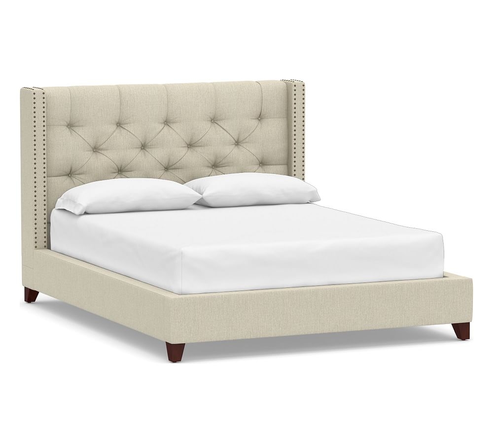 Harper Tufted Upholstered Low Bed with Bronze Nailheads, California King, Chenille Basketweave Oatmeal - Image 0