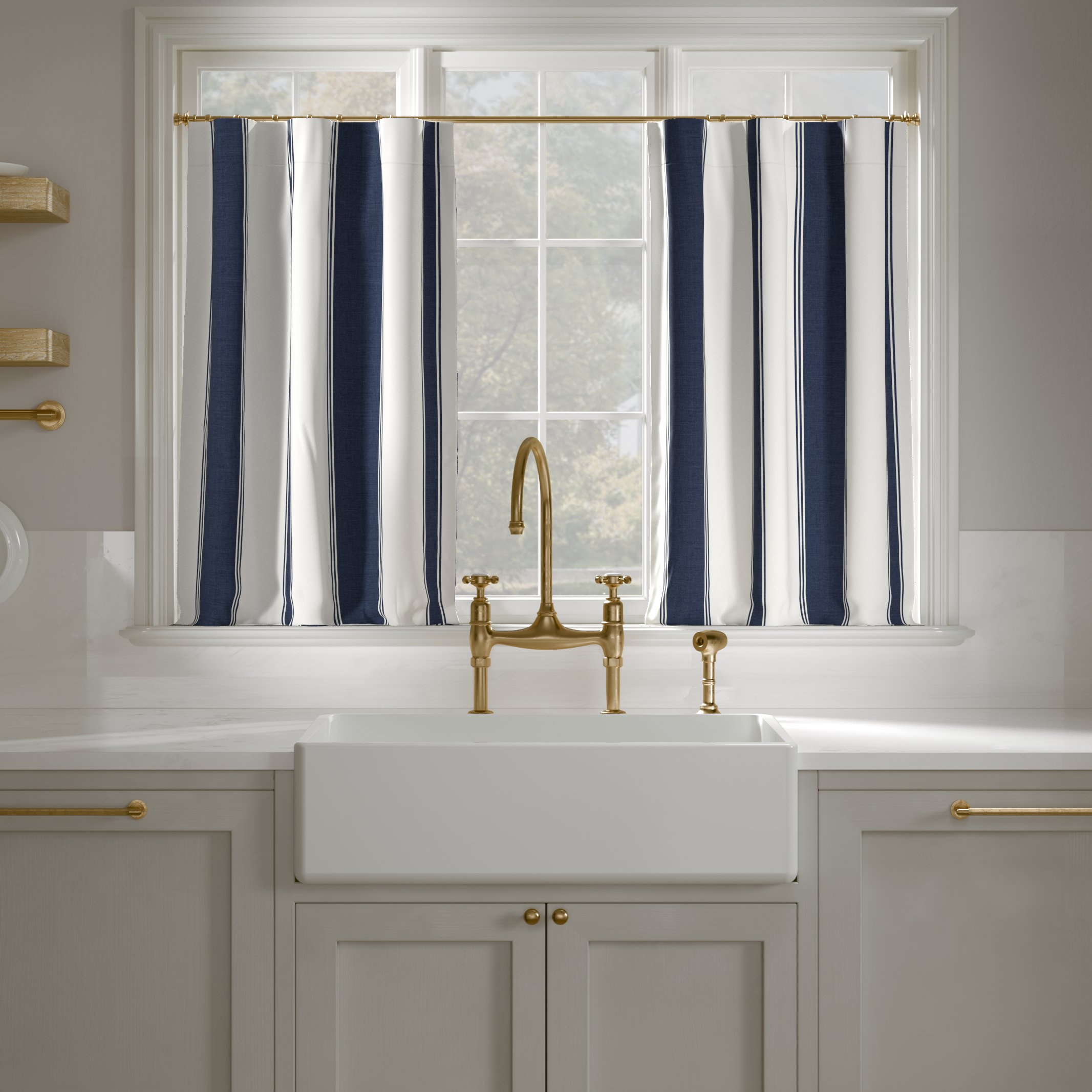 Printed Linen Café Curtain, Navy Clarence Stripe, 25" x 24", Privacy - Image 0