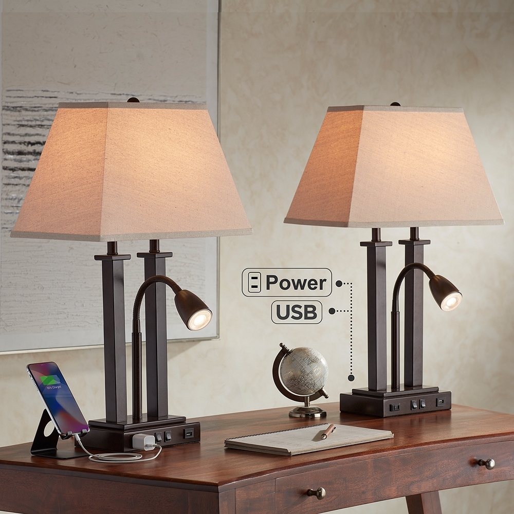 Possini Euro Deacon 26" Bronze Gooseneck USB and Outlet Lamps Set of 2 - Image 0