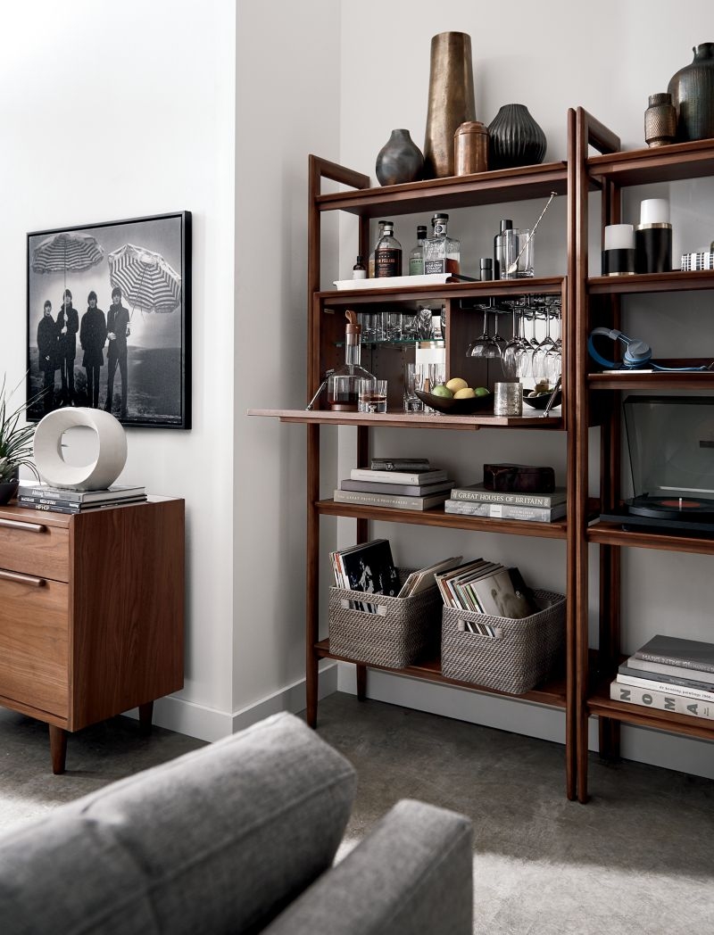 Tate Walnut Bookcase Bar Cabinet - Image 2