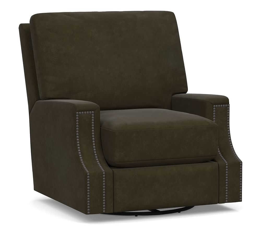 James Square Arm Leather Swivel Armchair, Down Blend Wrapped Cushions, Aviator Blackwood - Image 0