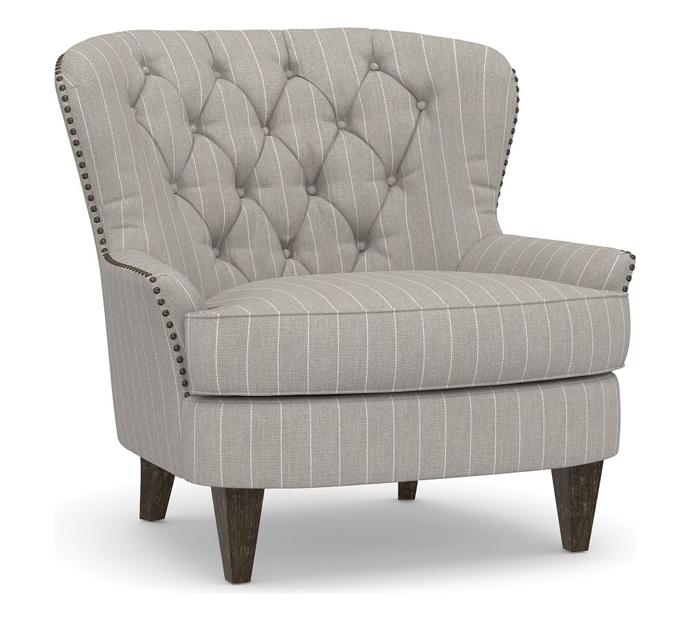 Cardiff Tufted Upholstered Armchair with Nailheads, Polyester Wrapped Cushions, Sunbrella(R) Performance Harbor Stripe Gray - Image 0