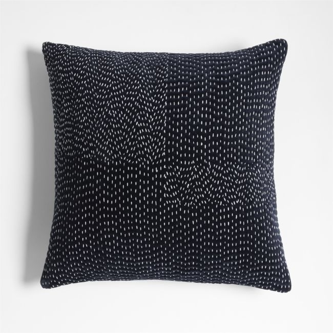 Sashiko Organic Cotton Velvet 20x20 Deep Indigo Throw Pillow Cover - Image 0