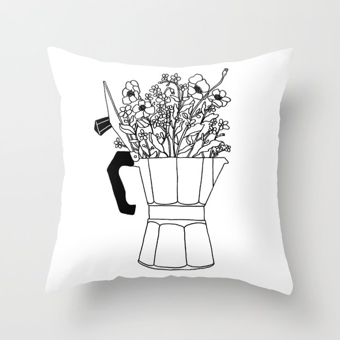 Moka Flowers - Coffee- Bw Throw Pillow by Florent Bodart / Speakerine - Cover (18" x 18") With Pillow Insert - Outdoor Pillow - Image 0