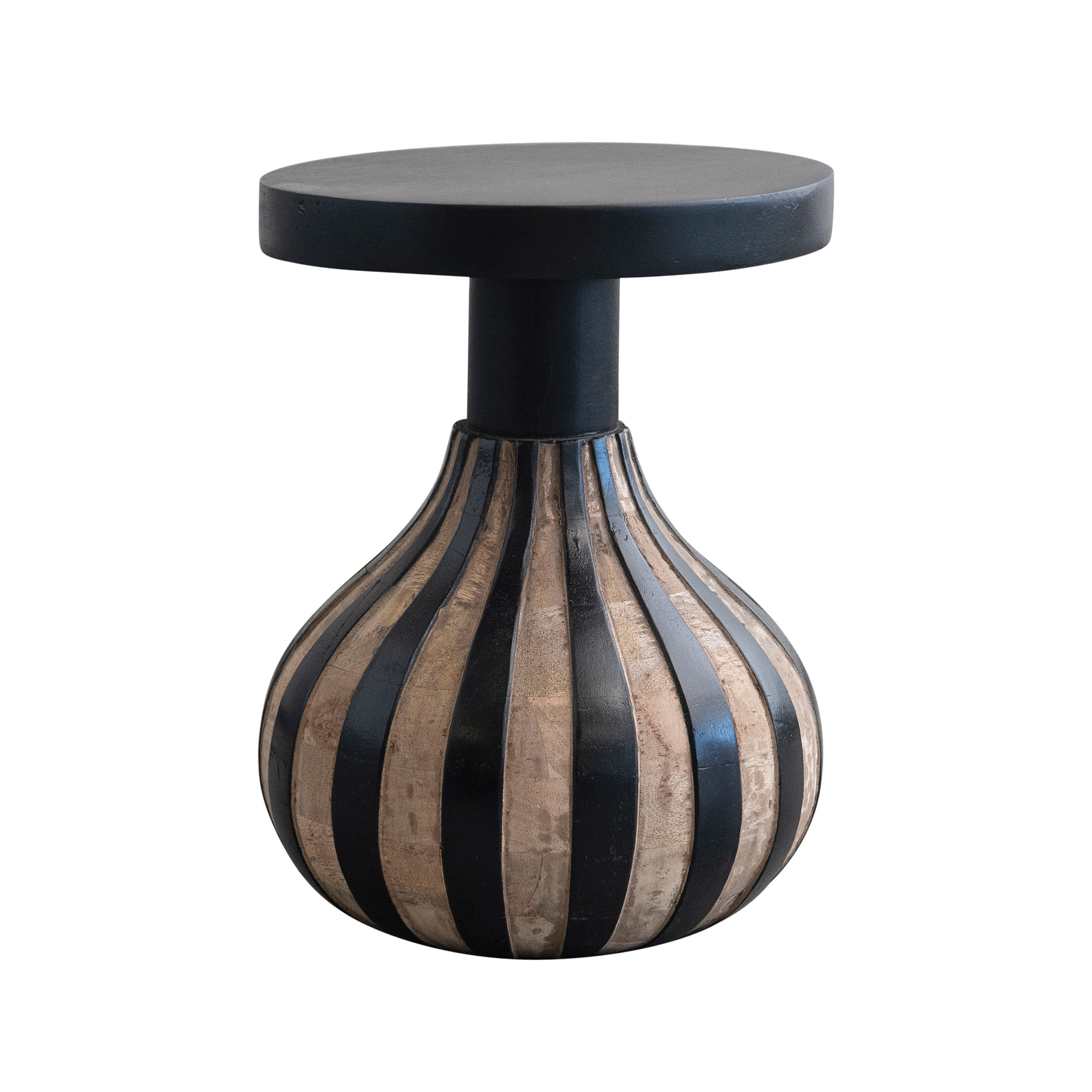 Round Mango Wood Side Table with Striped Base, Black and Natural - Image 0