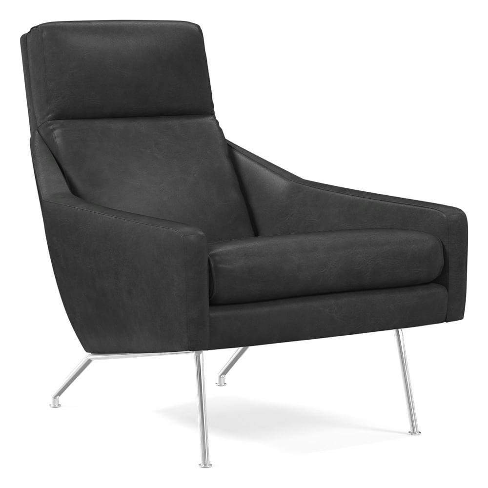 Austin Stationary Chair, Poly, Weston Leather, Cinder, Polished Chrome - Image 0