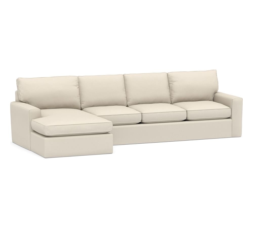 Pearce Square Arm Slipcovered Right Arm Sofa with Double Chaise Sectional, Down Blend Wrapped Cushions, Performance Brushed Basketweave Ivory - Image 0