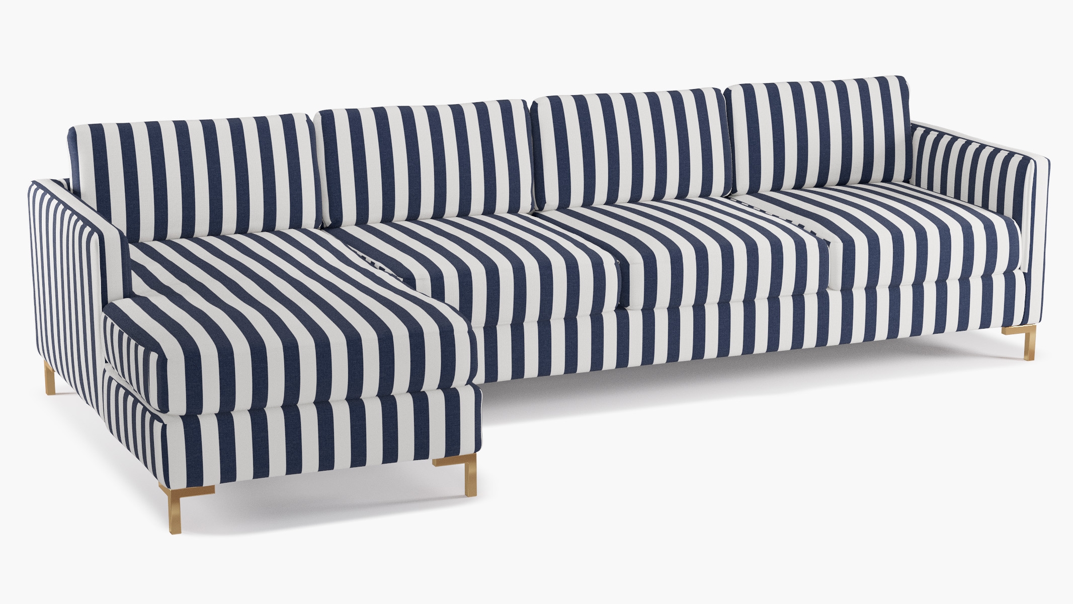 Modern Sectional, Left Facing, Navy Cabana Stripe, Brass L Leg - Image 1