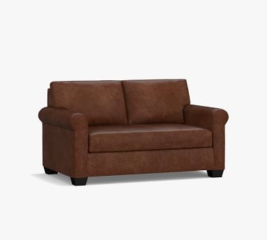 York Roll Arm Leather Loveseat 75", Polyester Wrapped Cushions, Burnished Bourbon - Image 1