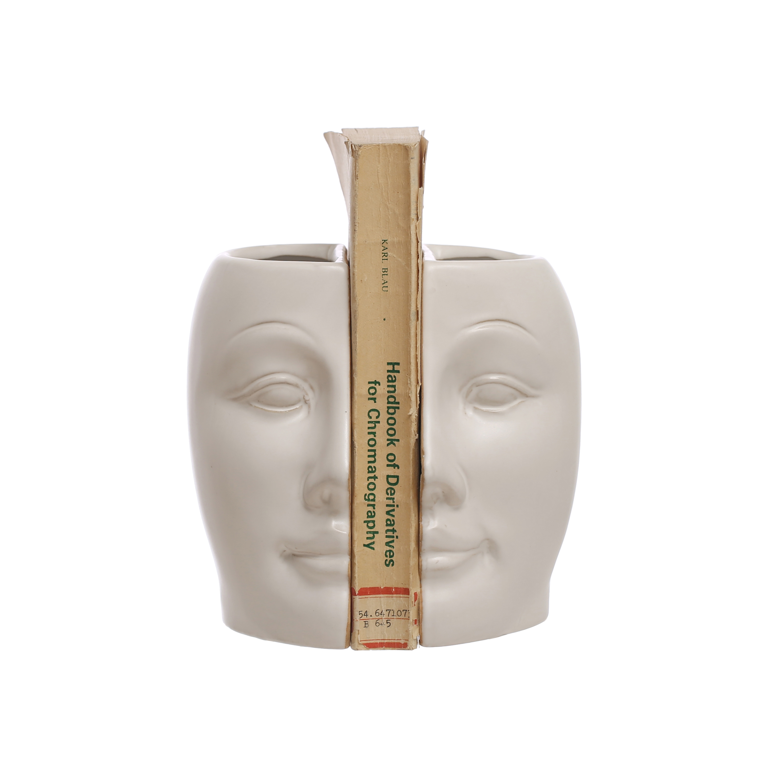 6.75 Inches Sculpted Stoneware Face Vases with Reactive Glaze, White, Set of 2 - Image 0