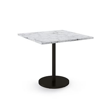 Restaurant Table:Top 36" Square: White Faux Marble + Dining Ht Orbit Base: Bronze/Brass - Image 1