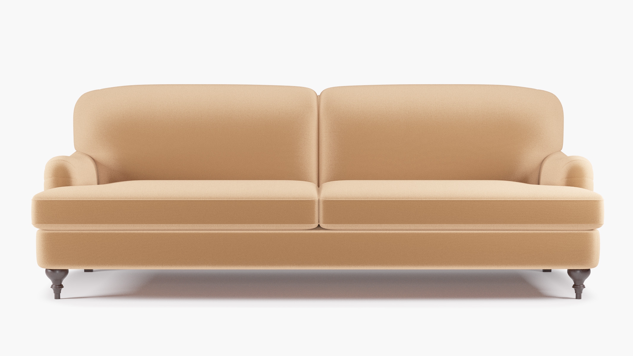 English Roll Arm Sofa, Camel Performance Plush Velvet, Espresso Turned Wood Leg - Image 0