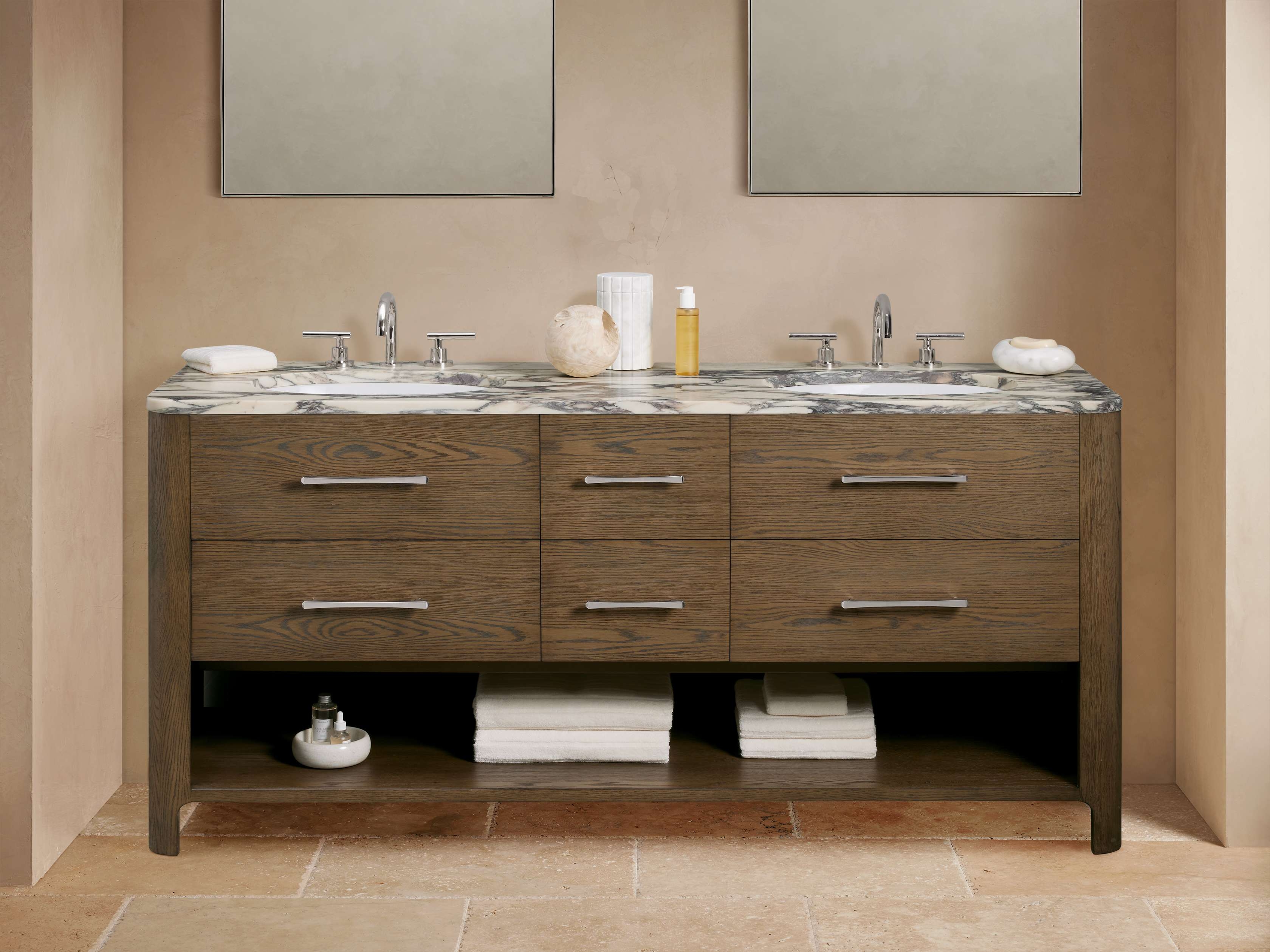 Calista Double Vanity in Wood Brown  Calacatta Viola/Cocoa Nickel - Image 0