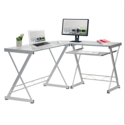 L-shaped Tempered Glass Top Computer Desk With Pull Out Keyboard Panel, Clear - Image 0