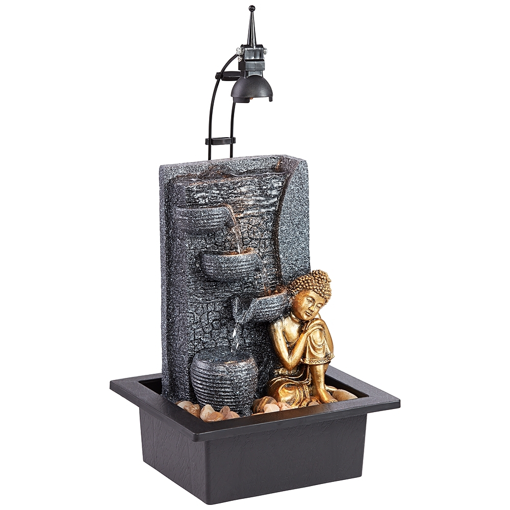 Kneeling Gold Buddha 17" High Indoor-Outdoor LED Table Fountain - Image 0