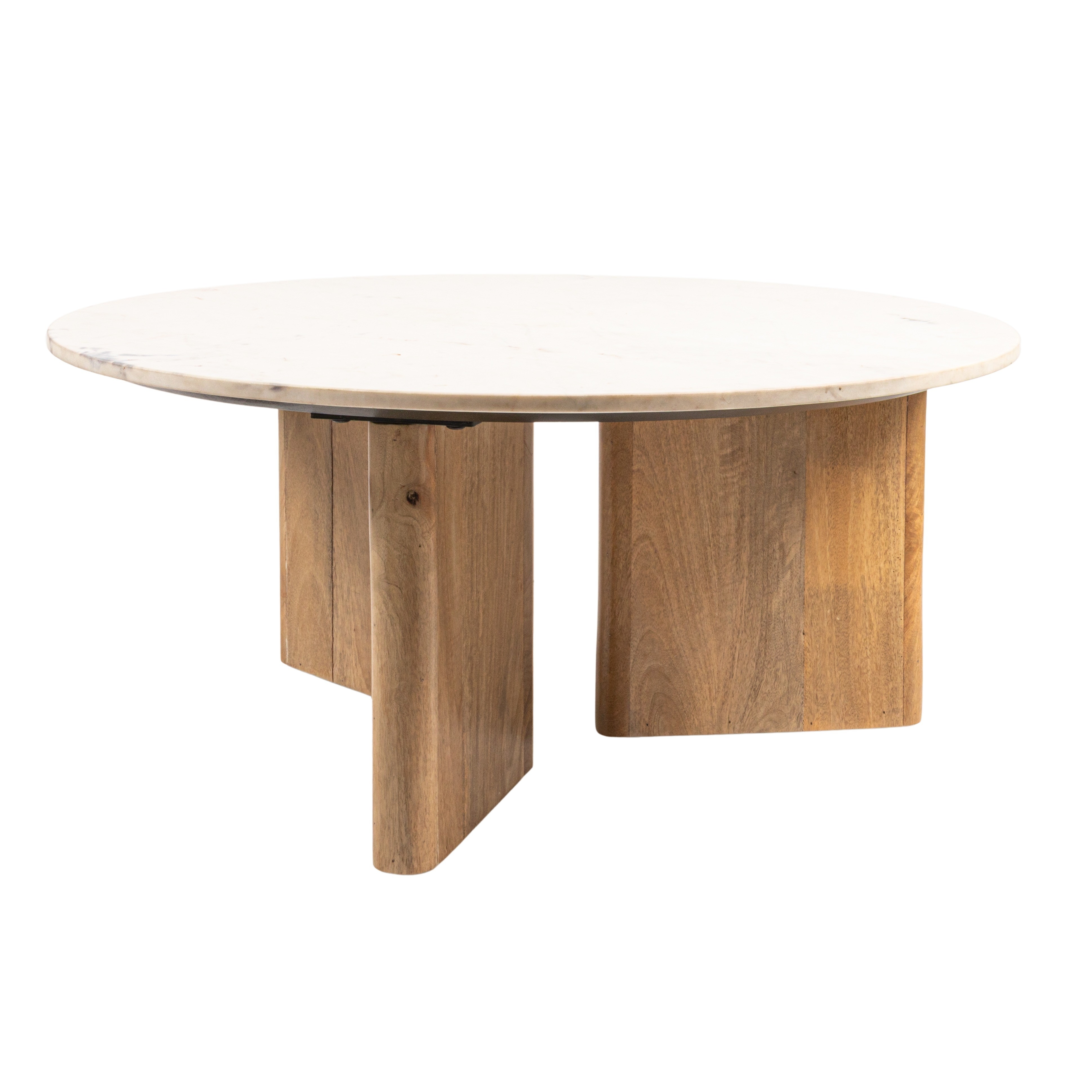 Round Tri-Pod Slat Mango Wood and Marble Coffee Table in Natural Finish - Image 0
