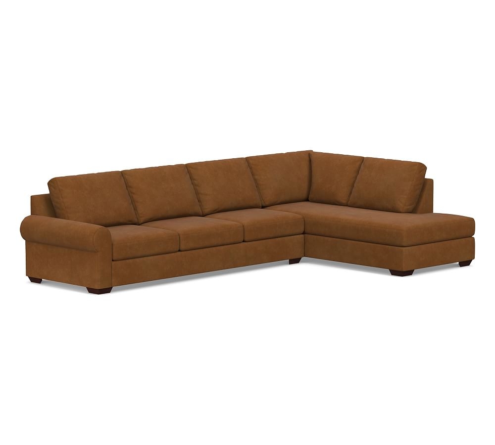Big Sur Roll Arm Leather Left Grand Sofa Return Bumper Sectional, Down Blend Wrapped Cushions, Nubuck Caramel - Image 0
