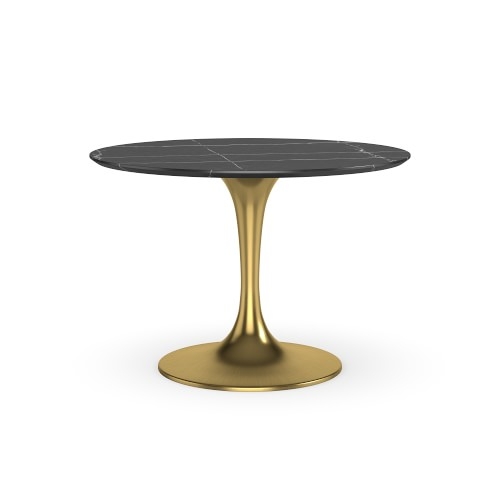 Tulip Pedestal Dining Table, 42 Round, Antique Brass Base, Black Marble Top - Image 0