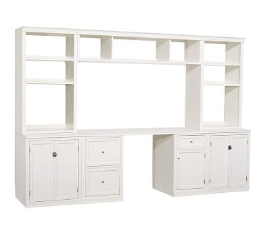 Logan Desk with Glass Hutch, 3-Drawer File Cabinet Base &amp; Bridge, Antique White, 110" Wide - Image 4