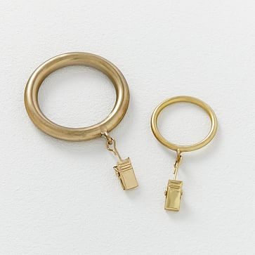 Thin Metal Curtain Rings with Clips, Antique Brass, Set of 7 - Image 1